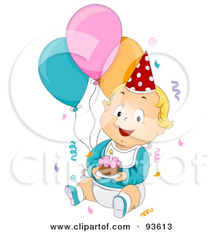 Royalty-Free (RF) Clipart Illustration of a Baby Birthday Boy With Confetti, Balloons And Cake by BNP Design Studio