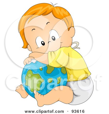 Royalty-Free (RF) Clipart Illustration of a Baby Boy Leaning And Resting On A Globe by BNP Design Studio