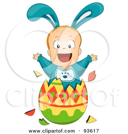 Royalty-Free (RF) Clipart Illustration of a Baby Boy In A Bunny Suit, Popping Out Of An Easter Egg by BNP Design Studio