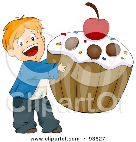 Royalty-Free (RF) Clipart Illustration of a Little Boy Carrying A Giant Cupcake by BNP Design Studio