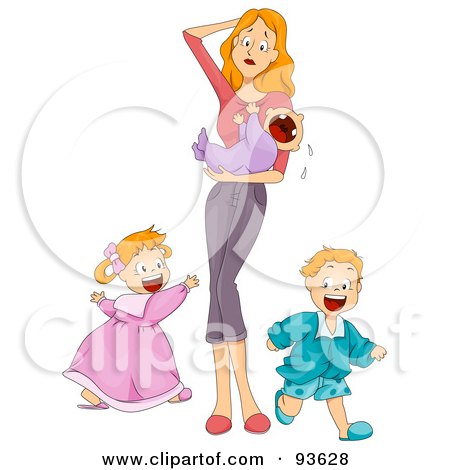 Royalty-Free (RF) Clipart Illustration of an Overwhelmed Mom Holding A Crying Baby While Her Son And Daughter Run Around Her by BNP Design Studio