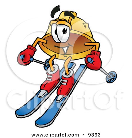Clipart Picture of a Hard Hat Mascot Cartoon Character Skiing Downhill by Mascot Junction