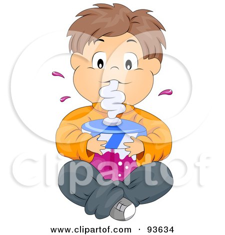 Royalty-Free (RF) Clipart Illustration of a Little Boy Sitting And Drinking A Large Soda Or Juice by BNP Design Studio