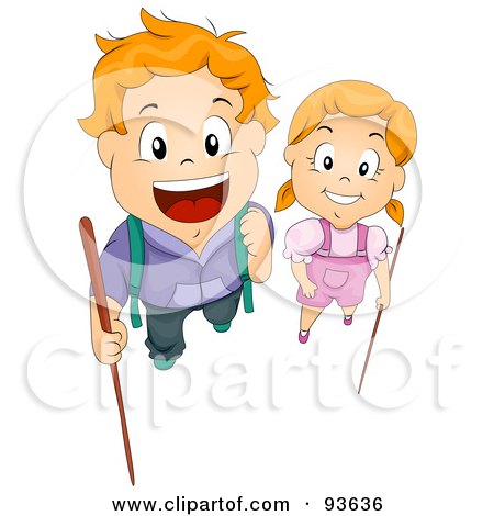 Royalty-Free (RF) Clipart Illustration of a Boy And Girl Looking Up And Holding Hiking Sticks by BNP Design Studio