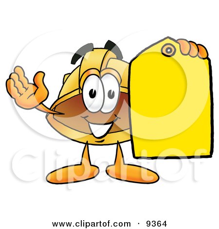 Clipart Picture of a Hard Hat Mascot Cartoon Character Holding a Yellow Sales Price Tag by Mascot Junction