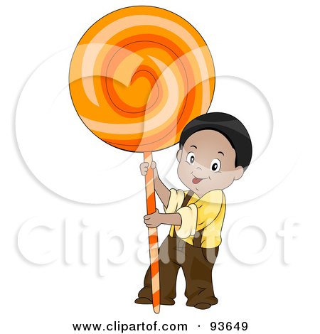 Royalty-Free (RF) Clipart Illustration of a Little Boy Holding Up A Giant Orange Sucker by BNP Design Studio