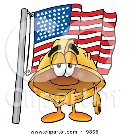Clipart Picture of a Hard Hat Mascot Cartoon Character Pledging Allegiance to an American Flag by Mascot Junction
