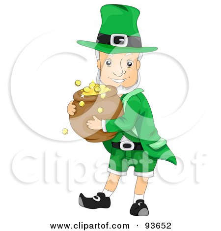 Royalty-Free (RF) Clipart Illustration of a Jolly Leprechaun Hugging A Pot Of Gold Coins by BNP Design Studio
