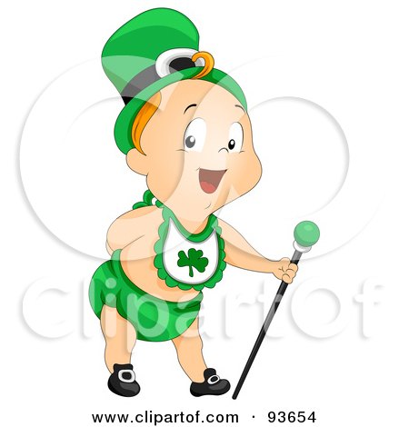 Royalty-Free (RF) Clipart Illustration of a Baby Leprechaun Bending Over And Holding A Staff by BNP Design Studio