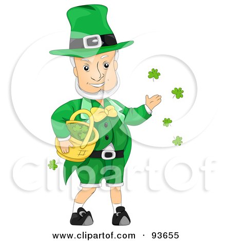 Royalty-Free (RF) Clipart Illustration of a Jolly Leprechaun Scattering Clovers From A Basket by BNP Design Studio