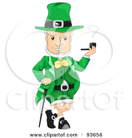 Royalty-Free (RF) Clipart Illustration of a Jolly Leprechaun Leaning On A Cane And Smoking A Pipe by BNP Design Studio