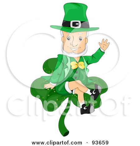 Royalty-Free (RF) Clipart Illustration of a Friendly Leprechaun Waving And Sitting On A Clover by BNP Design Studio