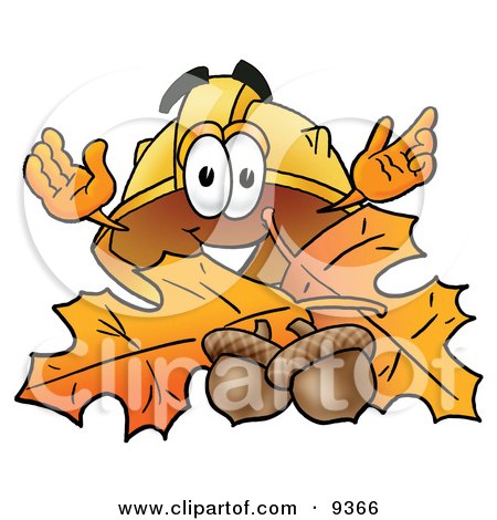 Clipart Picture of a Hard Hat Mascot Cartoon Character With Autumn Leaves and Acorns in the Fall by Mascot Junction
