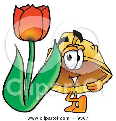 Clipart Picture of a Hard Hat Mascot Cartoon Character With a Red Tulip Flower in the Spring by Mascot Junction