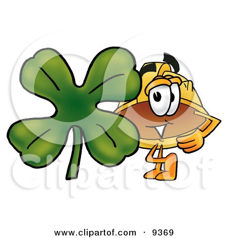 Clipart Picture of a Hard Hat Mascot Cartoon Character With a Green Four Leaf Clover on St Paddy's or St Patricks Day by Mascot Junction