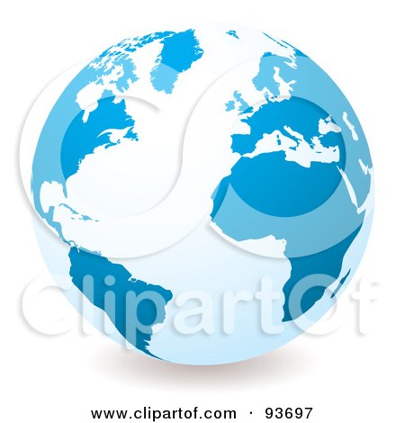 Royalty-Free (RF) Clipart Illustration of a White Globe With Light Blue Continents, Centered On The Atlantic by michaeltravers