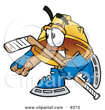 Clipart Picture of a Hard Hat Mascot Cartoon Character Playing Ice Hockey by Mascot Junction