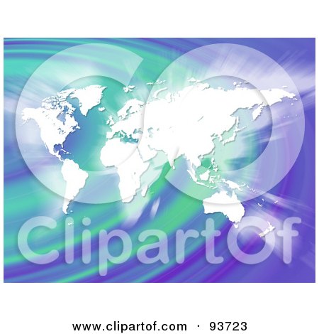 Royalty-Free (RF) Clipart Illustration of a Glowing White World Map Over Green And Purple Ripples by Arena Creative