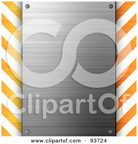 Royalty-Free (RF) Clipart Illustration of a Blank Brushed Metal Plaque Over Orange And White Hazard Stripes by Arena Creative