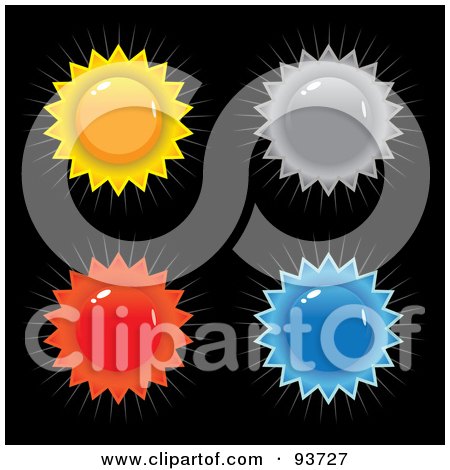 Royalty-Free (RF) Clipart Illustration of a Digital Collage Of Four Colorful Sun-Shaped Burst Seals On Black by Arena Creative