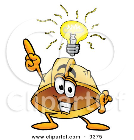 Clipart Picture of a Hard Hat Mascot Cartoon Character With a Bright Idea by Mascot Junction