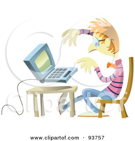 Royalty-Free (RF) Clipart Illustration of a Nerdy Guy Working On A Laptop At A Table by Frisko