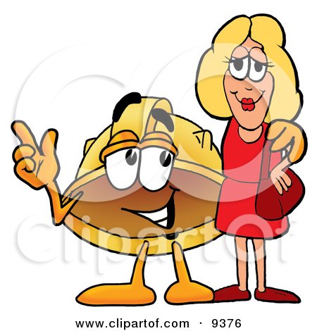 Clipart Picture of a Hard Hat Mascot Cartoon Character Talking to a Pretty Blond Woman by Mascot Junction