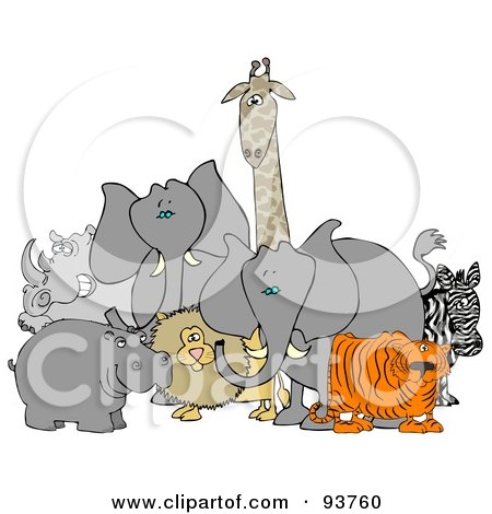 Royalty-Free (RF) Clipart Illustration of Two African Elephants With A Tiger, Zebra, Lion, Hippo, Rhino And Giraffe by djart