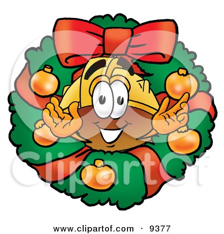 Clipart Picture of a Hard Hat Mascot Cartoon Character in the Center of a Christmas Wreath by Mascot Junction