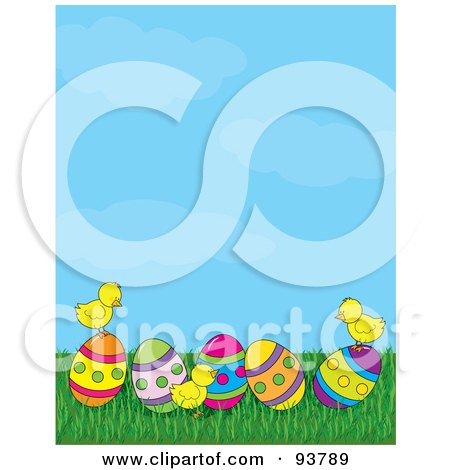Royalty-Free (RF) Clipart Illustration of a Spring Time Easter Background Of Baby Chicks With Easter Eggs Under A Blue Sky by Maria Bell