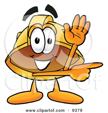 Clipart Picture of a Hard Hat Mascot Cartoon Character Waving and Pointing by Mascot Junction