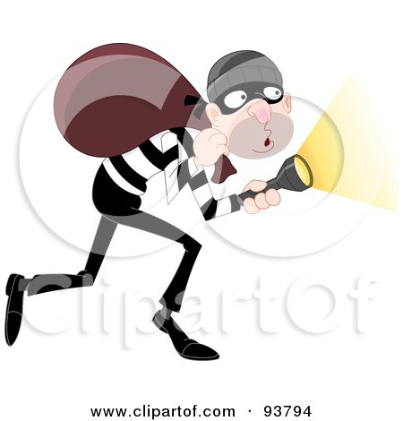 Royalty-Free (RF) Clipart Illustration of a Tip Toeing Robber Pointing A Flashlight And Carrying A Bag On His Shoulders by yayayoyo