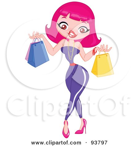 Royalty-Free (RF) Clipart Illustration of a Stylish Pink Haired Woman In A Purple Jumpsuit, Holding Up Shopping Bags by yayayoyo