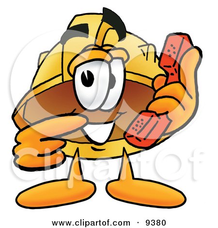 Clipart Picture of a Hard Hat Mascot Cartoon Character Holding a Telephone by Mascot Junction