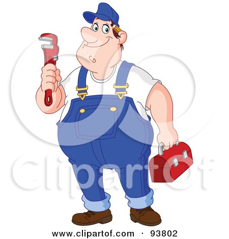 Royalty-Free (RF) Clipart Illustration of a Friendly Male Plumber In Overalls, Holding A Wrench And Tool Box by yayayoyo