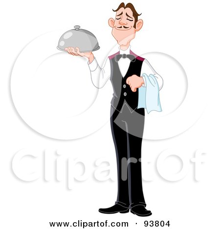 Royalty-Free (RF) Clipart Illustration of a Professional Butler Standing Tall And Holding A Platter And Towel by yayayoyo