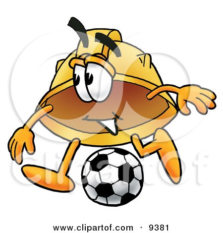 Clipart Picture of a Hard Hat Mascot Cartoon Character Kicking a Soccer Ball by Toons4Biz