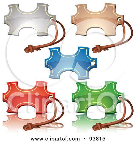 Royalty-Free (RF) Clipart Illustration of a Digital Collage Of Five Shiny Puzzle Shaped Price Tags With Brown Strings by dero
