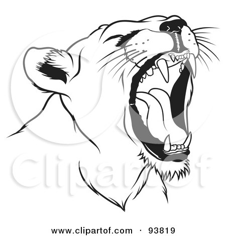 Royalty-Free (RF) Clipart Illustration of a Black And White Roaring Female Lion Head - 1 by dero