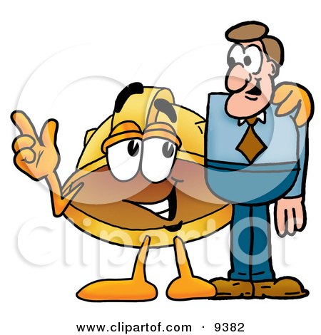Clipart Picture of a Hard Hat Mascot Cartoon Character Talking to a Business Man by Mascot Junction