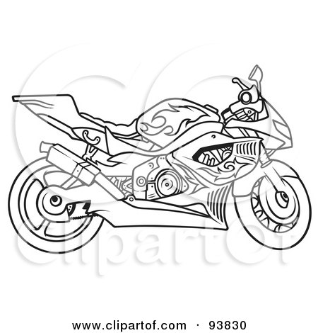 Royalty-Free (RF) Clipart Illustration of a Black And White Outline Of A Motorcycle With Flame Decals by dero