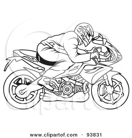 Royalty-Free (RF) Clipart Illustration of a Black And White Outline Of A Motorcycle Biker - 8 by dero