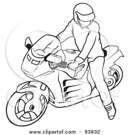 Royalty-Free (RF) Clipart Illustration of a Black And White Outline Of A Motorcycle Biker - 4 by dero