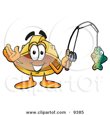 Clipart Picture of a Hard Hat Mascot Cartoon Character Holding a Fish on a Fishing Pole by Mascot Junction