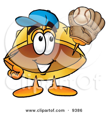 Clipart Picture of a Hard Hat Mascot Cartoon Character Catching a Baseball With a Glove by Mascot Junction