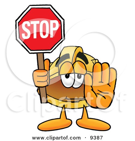 Clipart Picture of a Hard Hat Mascot Cartoon Character Holding a Stop Sign by Toons4Biz