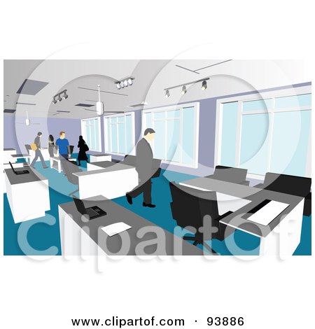 Royalty-Free (RF) Clipart Illustration of an Office Interior With People Walking By Desks by toonster