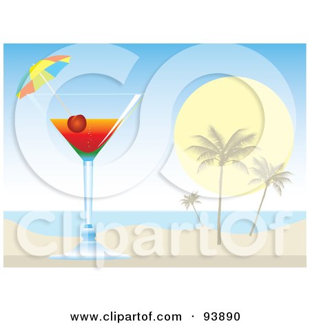 Royalty-Free (RF) Clipart Illustration of a Cocktail Umbrella And Cherry In A Tropical Alcoholic Drink On A Beach by toonster