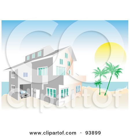 Royalty-Free (RF) Clipart Illustration of a Coastal Beach Home With Palm Trees by toonster