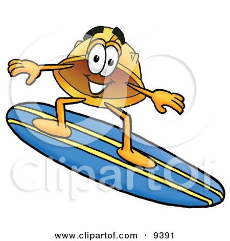 Clipart Picture of a Hard Hat Mascot Cartoon Character Surfing on a Blue and Yellow Surfboard by Mascot Junction